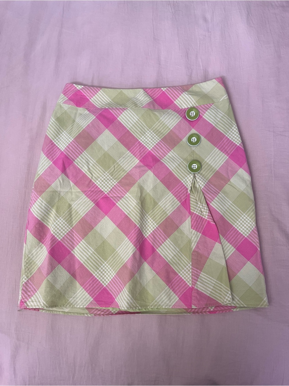 Ann Taylor LOFT Pink and Sage Whimsical Twee Plaid Mini Skirt with Side Buttons